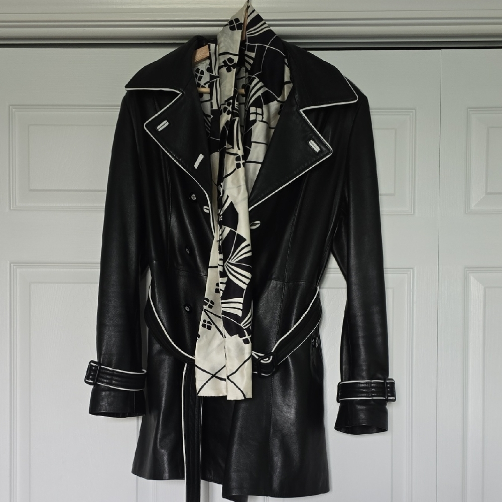 Puntopelle Roma Black and White Italian Leather Trench Coat